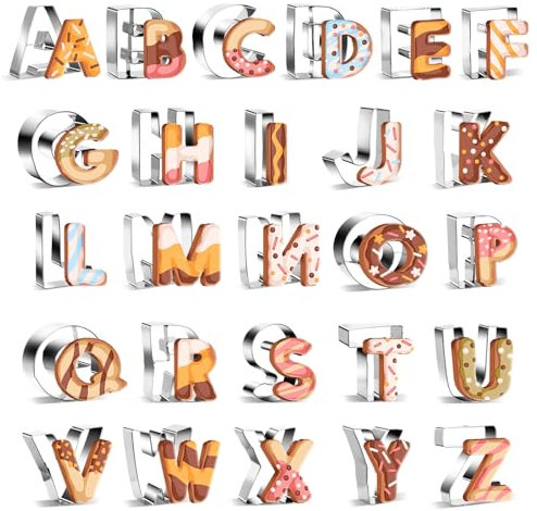 Realand 26Pcs Große 6.5cm Alphabet Brief Cookie Cutters Formen aus Edelstahl Abc Cookie Cutters Set Metall Fondant Keks Werkzeuge für Weihnachten Geburtstag Urlaub