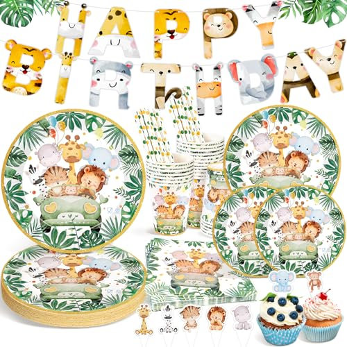 Ophy Stoviglie per Feste Animali Giungla,134 Pezzi Stoviglie per Feste di Compleanno per Bambini con Striscione di Compleanno con Animali Piatti di Carta Tovaglioli, Stoviglie Animali della Giungla
