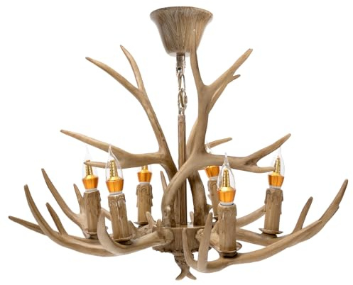 Queeucaer Antler Kronleuchter, Geweihlampe Harz Hirschgeweih Hängelampe 6 Köpfe Deckenlampe Geweih Pendellampe Retro Industriestil Hängelampe Harz, für Flure, Wohnzimmer, Schlafzimmer, Balkone...