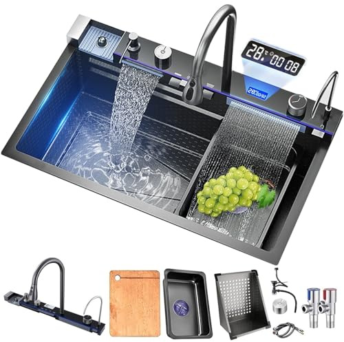 Kitchen Sink Set 304 Stainless Steel Nano Waterfall Sink with Two Waterfalls - Honeycomb Embossing - 68x45x22CM