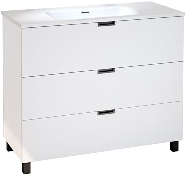 Baikal Mueble de Baño Tail. Conjunto de Baño de 3 Cajones con Patas, Apertura Mediante Triple uñero. Incluye Lavabo Cerámico. Mueble de Fondo de 46cm. Mueble MONTADO. Sin Espejo 100 cm Blanco