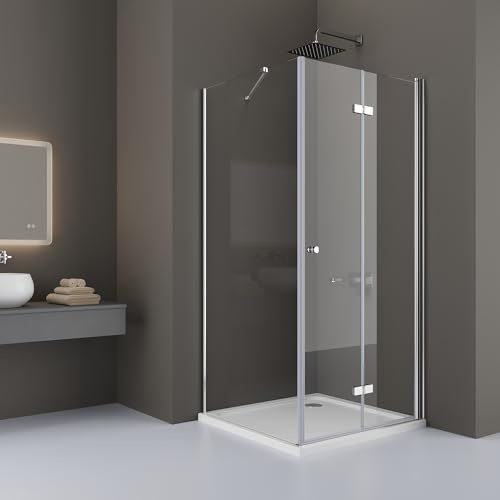 DOOLEEWEE 100 x 90 cm Eckeinstieg Duschkabine Falttür Duschtür mit Seitenwand Duschwand Duschabtrennung Glas aus 6mm ESG, Höhe 185 cm,Ohne Duschwannen,100x90(Seitenwand) x185cm