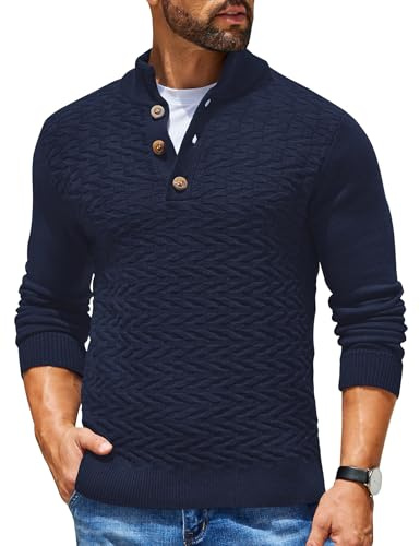 COOFANDY Jersey Hombre Invierno Suéter Henley Jersey Cuello Alto de Punto Regular Fit Sueter Manga Larga Jerséis Cuello Vuelto Azul Marino XL