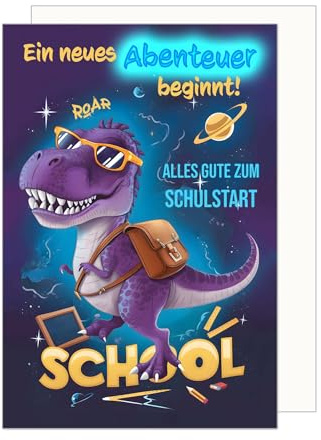 Edition Seidel Premium Glückwunschkarte zur Einschulung mit Umschlag. Einschulungskarte Grußkarte Karte zum Schulanfang Schuleinführung Schulstart Spruch Mädchen Junge 1. Klasse Dino (ES147 SW024)