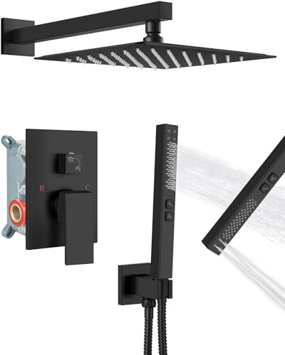 GBBNE Ensemble de robinet de douche à effet pluie avec pomme de douche carrée et poignée avec fonction 2 en 1, pulvérisateur à main, kit de réparation de garniture murale, valve brute, 30,5 cm, noir