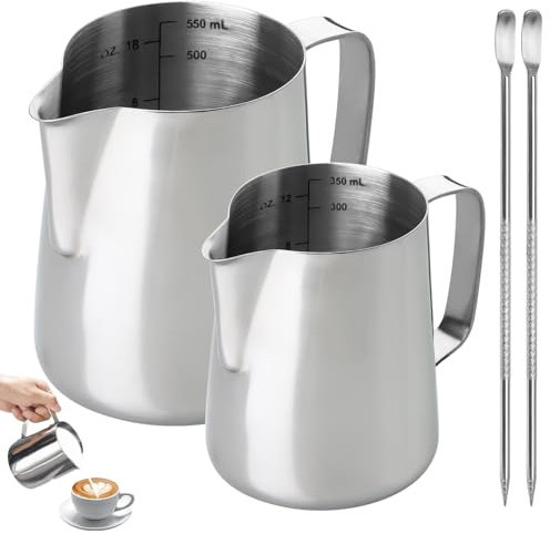 2 Stück Milchkännchen Edelstahl, 350 & 600ml Milch Pitcher, Milchschaumkännchen mit Messmarkierungen und Latte Art Pen, Kaffee Creamer Aufschäumer Kännchen für Cappuccino, Espresso und Barista