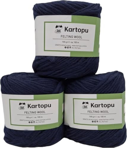 Filzwolle – große Farbauswahl – 3x100gr (300gr) – harmonisches Strickbild - 100% reine Schurwolle – Ökotexzertifiziert - hochwertige Wolle zum Filzen – Lauflänge per 100gr ca. 100m (1629 marine)