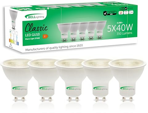BELL Lighting GU10 Energy Saving LED Spotlight Bulbs 4.4W 350lm 5 Pack | Energy saving GU10 LED spotlight bulbs with 2700K warm white light, 350lm output and 38 degree beam for downlights.