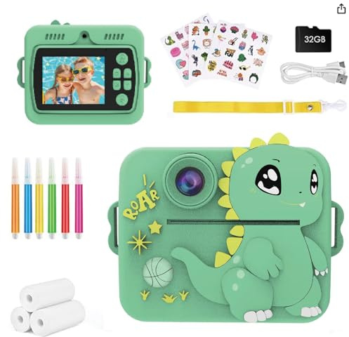 Balakaka Appareil Photo Instantané avec Filtres Créatifs, Appareil Photo Enfant avec Papier d'impression et Carte 32GB, Cadeau pour Filles Garçons de 3-12 Ans, Dinosaure Vert