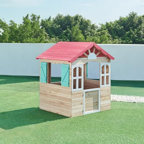 casa.pro Kinderspielhaus Lulä Spielhütte für Kinder ab 3 Jahren 130 x 115 x 100 cm Holz Spielhaus im Freien mit Schrägdach, Fenster, Tür und Fensterläden