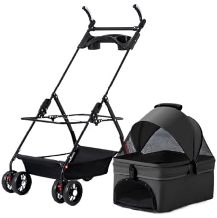 Bärbar Hundvagn Kattvagn Avtagbar Husdjursvagn Med 4 Hjul Fällbar Hundvagn Med Förvaringskorg Kattvagn För Medelstora Små Hundar Husdjursvagn med Hjul(Black)