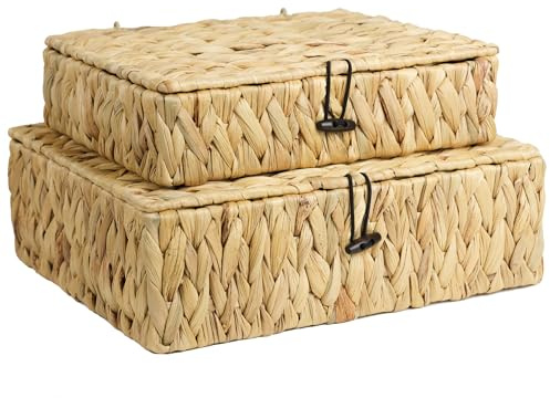 Wicker Basket with Lid, Set of 2 Decorative Storage Baskets Bins Boxes, Water Hyacinth Woven Basket for Storage, Flat Shelf Baskets for Organizing Home Decor