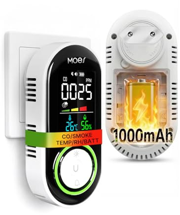 MOES 4-in-1 Rauchmelder CO Melder Steckdose mit 10 Jahre Sensor, Akku | 1000mAh Akku, CO&Rauchwarnmelder mit Display, Temperatur & Luftfeuchtigkeit für Zuhause, Schlafzimmer und Wohnmobil