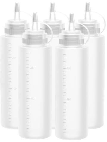 Alfven 5 botellas exprimibles de plástico, botellas exprimibles para condimentos de 240 ml, juego de dispensadores de salsas y especias para pintar, hornear, ketchup, salsa picante, aceite de oliva