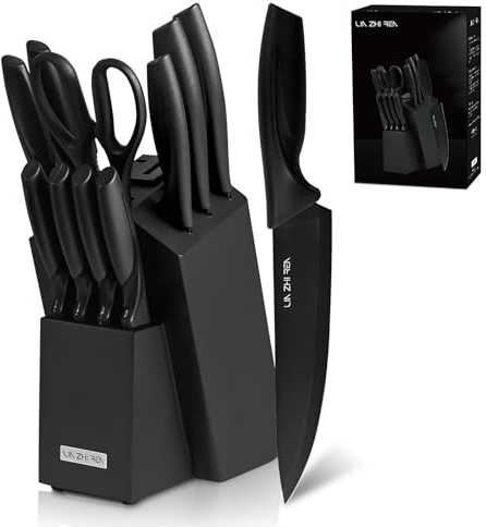 LIN ZHI REN 13-Piece Kitchen Knife Set with Knife Holder Rack, Built-in Sharpener, Ergonomic Handles, Dishwasher Safe, Black