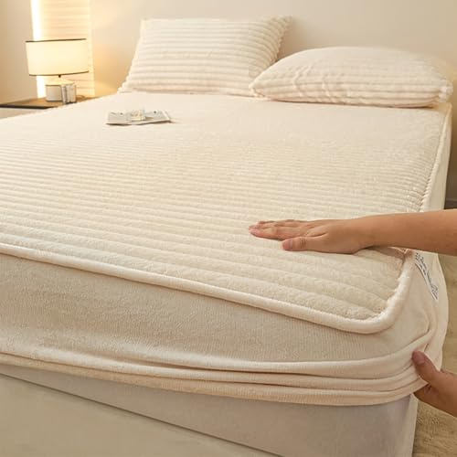 HAIBA Warme Plüsch Spannbettlaken 90 x 200 cm Beige Matratzenbezug | weicher Fleece Bettlaken Weichheit und kuschelige 30cm tiefe Tasche mit Randgummi für Boxspringbett Wasserbett