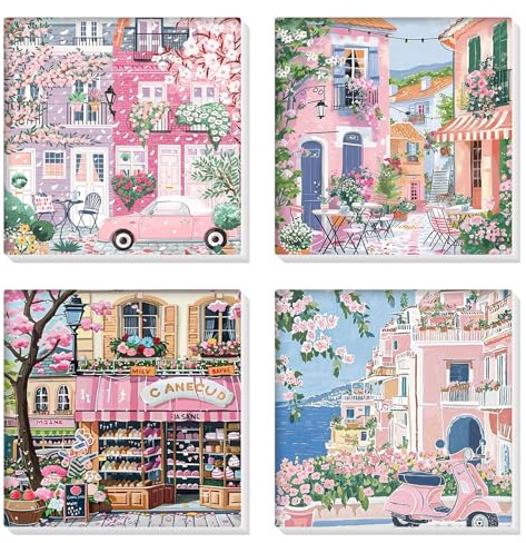 HEIBAGO Framed Paint by Numbers for Audlts Beginners, 4 Pack Landscape Paint by Numbers Canvas, Audlt DIY City Oil Paint by Numbers Kits, Flowers Painting Art Craft for Home Wall Decorate 8×8 inch