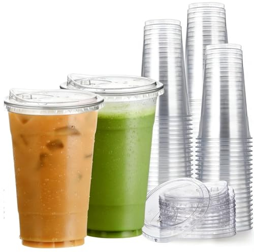 Artsotroly 25 Sets- 24 oz Clear Plastic Cups with Strawless-Sip-Lids, Plastic Iced Coffee Cups for Cold Drinks, Smoothies and Juices