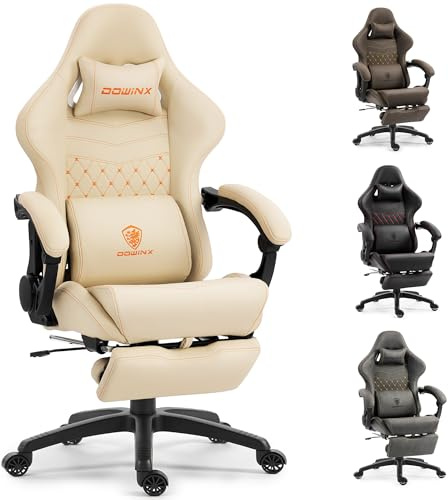 Dowinx Gaming Stuhl ergonomisch mit zweistufig ausziehbarer Fußstütze, Massage-Lendenkissen, Gaming Chair mit Bürokomfort für langes Sitzen, bis 200 kg belastbar, Rückenlehne 165°, Beige