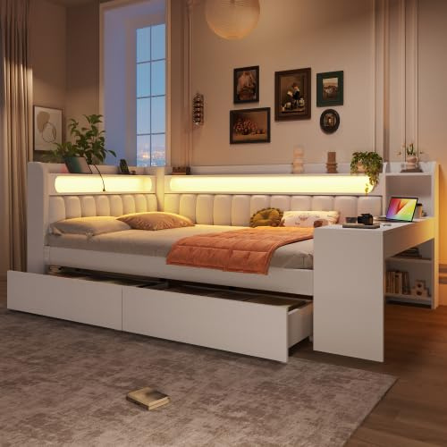 Merax Cama acolchada de 140 x 200 cm con puertos USB, cinturón LED, escritorio y 2 cajones, color blanco, ideal para habitaciones juveniles y habitaciones de invitados