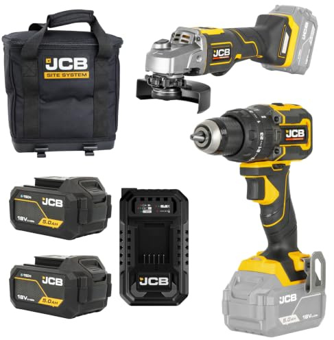 JCB Pro 18V 2-Piece Kit, 75Nm Combi Drill, 115mm Angle Grinder, 2X 5Ah Batteries, 4.5A Fast Charger & Tool Bag | JCB-18PKIT-4