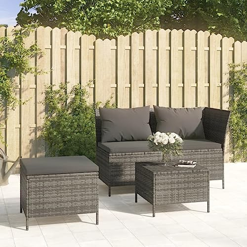 ACAGALA Gartenmöbel Set mit Stauraum 3 Teilig Poly Rattan Balkonmöbel Set mit Cremeweiß Kissen, Ecksofa + Hocker + Couchtisch, Outdoor Loungemöbel Gartensofa Garnitur für 3 Personen, Grau