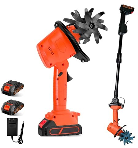 Motoazada a batería 24 V, motocultor de jardín con 2 baterías 3000 mAh, azada eléctrica con 4 cuchillas de metal – Ancho 10 cm, profundidad 10 cm, 235 rpm (B)