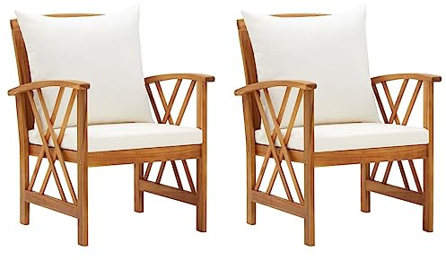 QJBSAVVA 2er Set Gartenstühle aus Akazie Massivholz mit Cremeweißen Kissen, Rustikale Gartensessel für Terrasse Balkon und Veranda, Holzstühle inklusive Polster, 59x67x83 cm