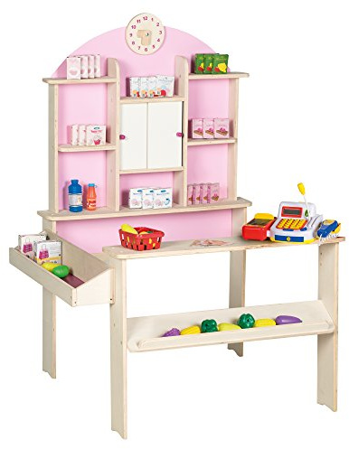 roba Kaufladen, inkl. Teile Zubehör, elektronische Kasse, Holz natur, rosa, weiß, Seitentheke & Uhr