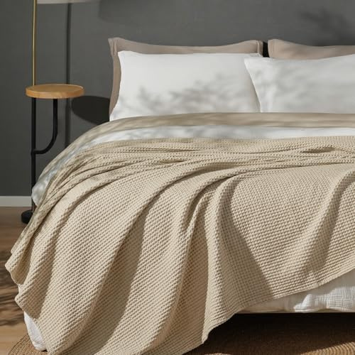 PHF 100% Cotton Waffle Weave Blanket King Size for Bed,Snag Proof Lightweight Breathable Throw for Couch,Great for Layering in Cold Weather,Machine Washable,Home Decor Gift-Khaki/Simply Taupe