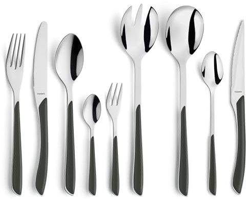 Kuppels PRISMA Besteck Set 44-tlg. für 6 Personen, Schiefergrau | Das Set enthält 18/0 Edelstahl, farbige Kunststoffgriffe und Wellenschliff-Steakmesser, spülmaschinenfest