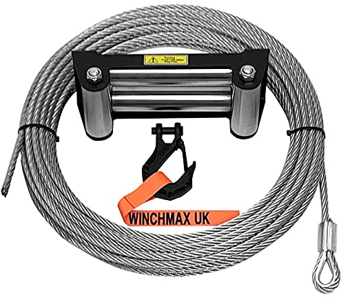 WINCHMAX Galvanised Steel Winch Cable/Wire Rope 26m x 9.5mm. Minimum Break Load 18,142lb / 8,229kg. Includes Stainless Steel Roller Fairlead and 3/8 Inch Tactical Clevis Hook.