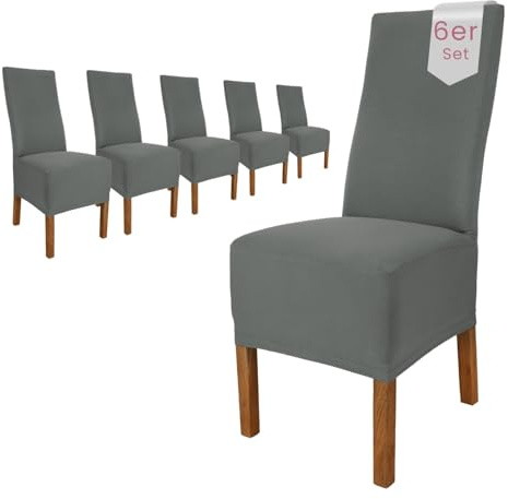 Scheffler Home Stuhlhussen 6er Set Grau Jersey Baumwolle Emma | Waschbare Stuhlbezüge, Stretch Chair Cover für Hochlehner, Polsterstühle und Esszimmerstühle, Öko-Tex zertifiziert
