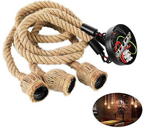 EUNEWR Hemp Rope Light Head, Pendant Ceiling Lighting Fitting, Vintage Hanging Retro Rope Hanging Lamp for Cafe Dining Restaurant Bar Hall (3 Lights)