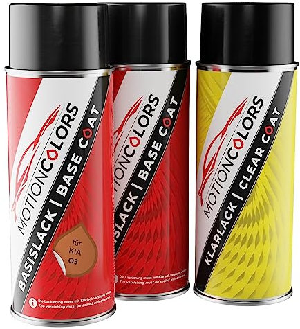 MOTIONCOLORS Copper Orange Metallic O3 für KIA Autolack Sprühdosen Set Grundlack Basislack Klarlack Spraydose 400ml