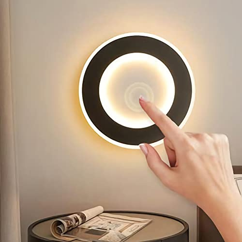 Modern Wandleuchte Innen Dimmbare Runde LED Wandlampe Mit Touch Schalten Nachtlicht Schlafzimmer Nachttischlampe Wandbeleuchtung Acryl 15W 3000K-6000K Fur Wohnzimmer Flur Treppe Hotel,Schwarz