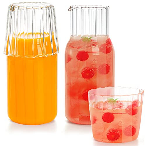 Hacaroa 4 Pieces Bedside Water Carafe with Tumbler Glass, 18 Oz Nightstand Water Carafe and Glass Set, Clear Water Pitcher and Cup Night Set for Desktop, Bedroom, Bathroom, Cup 8 Oz