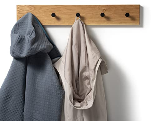 WOODS Hakenleiste Garderobe Holz massiv I Garderobenleiste Eiche Handtuchhalter I moderne Wandgarderobe aus Holz (85cm (7 Haken), Eiche, schwarze Haken)
