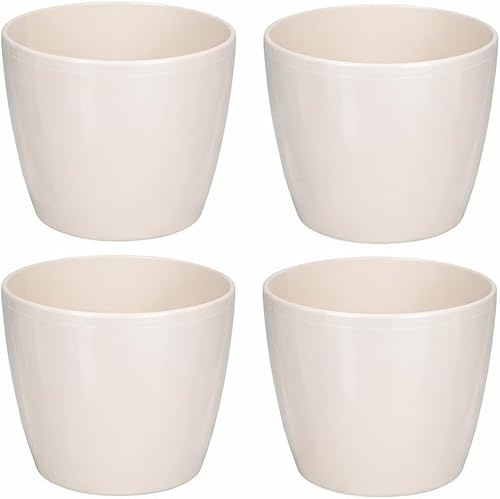 PECZEKO Glänzende Blumentöpfe - Deko Pflanztopf für Blumen & Kräuter - Langlebige & leichte runde Kunststoff-Pflanzentöpfe für Wohn- & Esszimmer, Küche, Terrasse, Balkon - 4er-Set - (Beige, ø 18 cm)