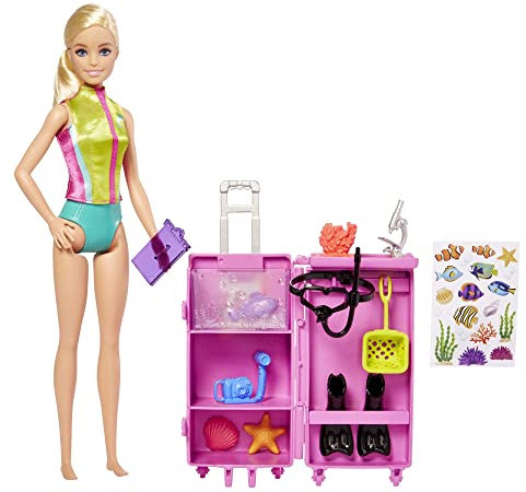 Barbie Dolls & Accessories, Marine Biologist Doll (Blonde) & Mobile Lab Playset with 10+ Pieces, Case Opens for Storage & Travel
