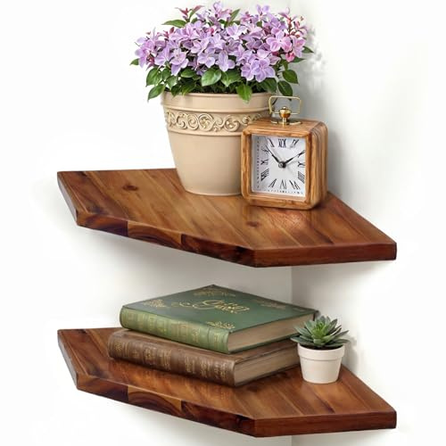 Demigo Hörnhylla väggfäste, set med 2 massivt akaciaträ 26 x 42 cm flytande hörnhyllor, släta – hållbara – attraktiva hörnhyllor för sovrum vardagsrum badrum kök