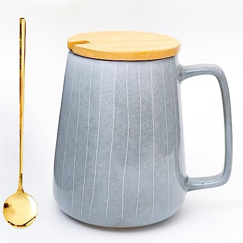 Cteahrow Large 24 OZ/700ml Ceramic Coffee Mugs, Capacity Mug with Handle, Tea Cup,Dishwasher Microwave Safe,for Office and Home (Gray with Cover)