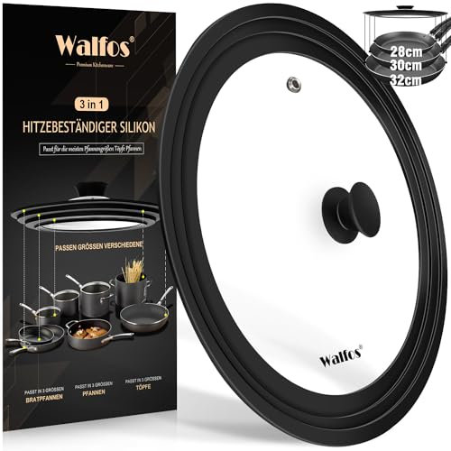 Walfos Tapa universal de cristal de 28, 30 y 32 mm de diámetro, para ollas, sartenes con borde de silicona graduado, tapa resistente al calor para sartenes y ollas