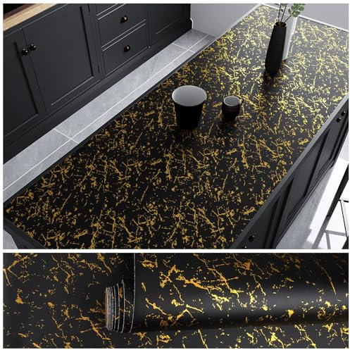 VEELIKE Marmor Tapete Schwarz Gold Mamorfolie Dunkel Klebefolie Marmoroptik Küchentapete Abwaschbar Marmortapeten Wand Selbstklebende Folie Küchenrückwand Wandtapete Badezimmer Tisch 40cm x 300cm