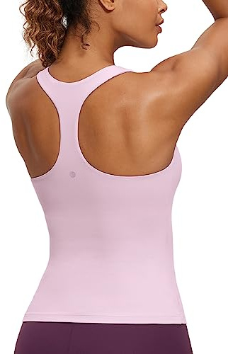 CRZ YOGA Butterluxe Workout Racerback Tank Tops for Women - Padded Athletic Spandex Yoga Shirts with Built in Bra Pink Peony Small