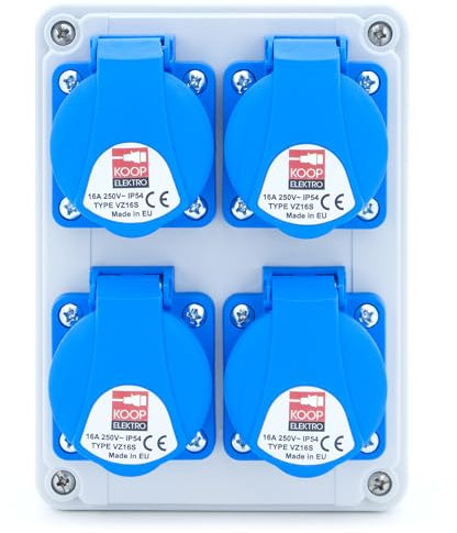 KOOP Elektro Wandverteiler 4x230V Schuko Steckdosen. Baustromverteiler IP54 für Indoor/Outdoor-Bereich, Verdrahtet, Anschlußfertig für Garage, Werkstätten und Fabriken.