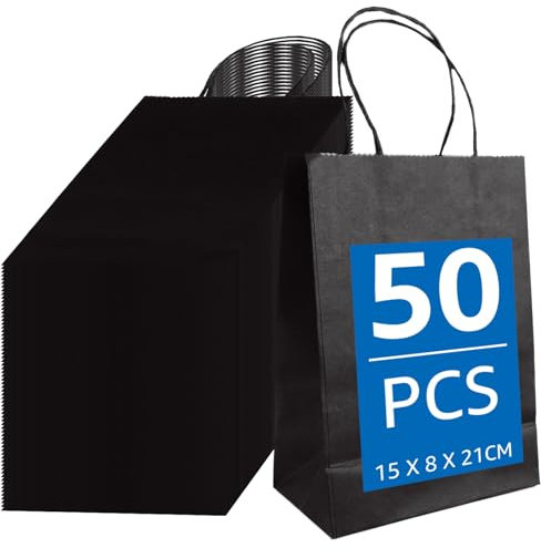 WOPPLXY 50 Stück Klein Papiertüten mit Henkel, 15 x 8 x 21 cm Geschenktüten Schwarz, Geschenktaschen aus Kraftpapier für Hochzeit, Party, Halloween, Weihnachten