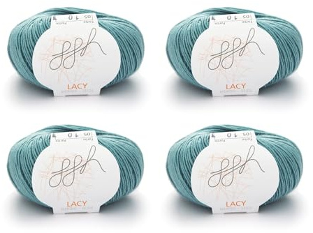ggh Lacy Set | 4x25g (insgesamt 100g) Set| 150m/25g Merinowolle mit Seide zum Stricken | Farbe 005 - Gletschergrün