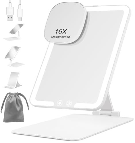 FANCYSEEU Wiederaufladbar 1500mAh Kosmetikspiegel mit Beleuchtetung, 15X Mini Vergrößerungspiegel mit 3 Farben Dimmbarer Faltbar Schminkspiegel, Ultraschlank Tragbarer Reisespiegel (Weiß)