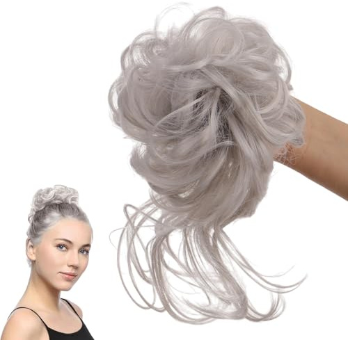 TICKLELY Cheveux Chignon Postiche Cheveux, Bouclé Extensions a Clip Cheveux Naturel, Postiche Chignon Décoiffé Messy Scrunchy Bun Chignons Postiche Queue de Cheval (Gris)
